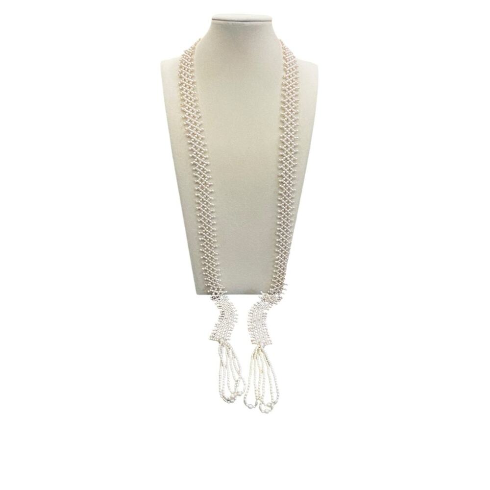 White Faux Pearl Opera Length Lariat Necklace with Tassels